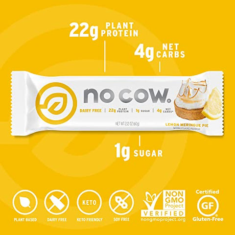 Barras de Proteína No Cow, Limão Merengue – Lanches Saudáveis, 20g Proteína Vegana, Alto Teor de Fibra, Baixo Açúcar, Amigável ao Keto, Sem Laticínios