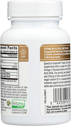 Essentials Soft Gels Vegan Ultra Omega-3 EPA e DHA com Vitamina D – 60 Cápsulas - Spectrum