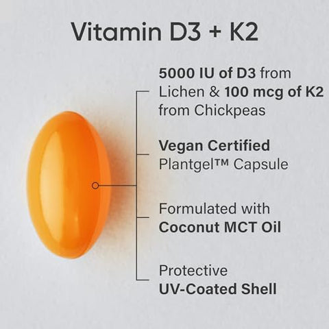 Sports Research - Vitamina D3 K2 com Óleo de Coco | Vitamina K2 MK7 Vegana D3 5000iu | Certificado Vegano, Sem Soja |