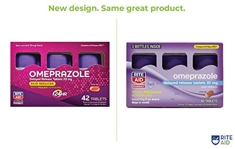 Omeprazol Redutor de Ácido – 20 mg, 3 Frascos, 14 Comprimidos Cada (Total de 42 Comprimidos), Sem Sabor, Alívio de Azia, Medicamento para Azia, Trata Azia Frequente - Rite Aid