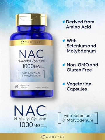 Suplemento Carlyle NAC N-Acetil Cisteína 1000mg 80 Cápsulas com Selênio