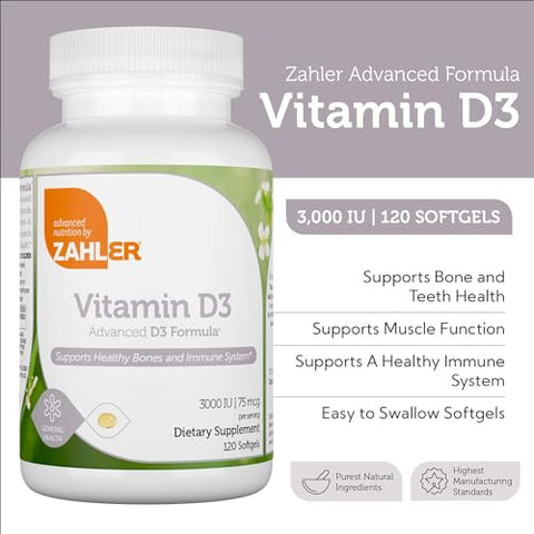 Vitamina D3 Avançada 3000 UI Softgels (120 Unidades) Kosher Vegetariano Amigável Vitamina D para Suporte Imunológico, Ossos, Dentes - Zahler