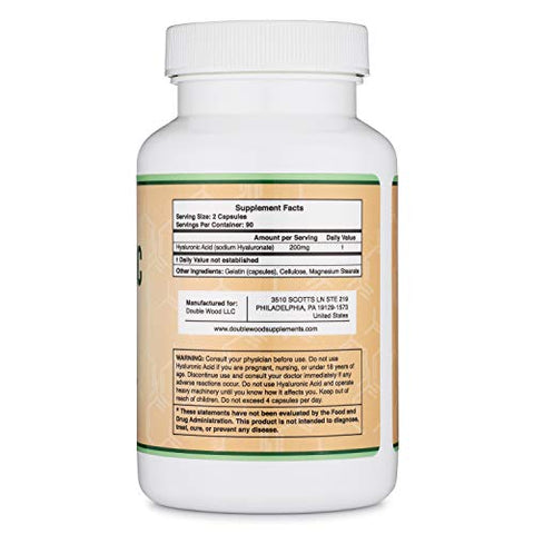 Double Wood Supplements - Suplemento de Ácido Hialurônico – 180 Cápsulas (Potencializa os Efeitos do Soro de Ácido Hialurônico para o Rosto) 200mg por Porção para Suporte à Pele e ao Envelhecimento Facial (Acido Hialurônico) Livre de Glúten