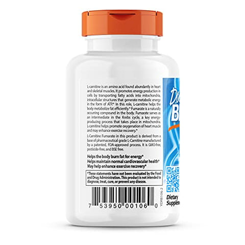 Doctor's BEST - Doctor’s Best L-Carnitine Fumarate – Vegano, Sem OGM, Livre de Glúten – Saúde Cardíaca – 855 mg, 60 Cápsulas Vegetais