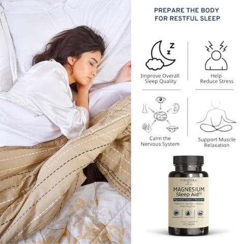 VINATURA - Magnésio para Dormir – Complexo de Magnésio com Melatonina – 500mg de Magnésio Glicinato, Magnésio L-Teanina – 120 Cápsulas