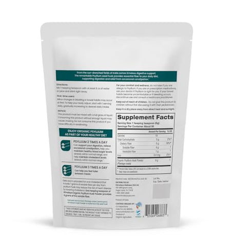 Psyllium Husk Powder Orgânico, Suplemento Diário de Fibras Alimentares, Regularidade, Controle do Apetite, Certificado Orgânico pelo USDA, Não-OGM, Sem Cores Artificiais, Sem Sabor, 100% Natural - Himalaya