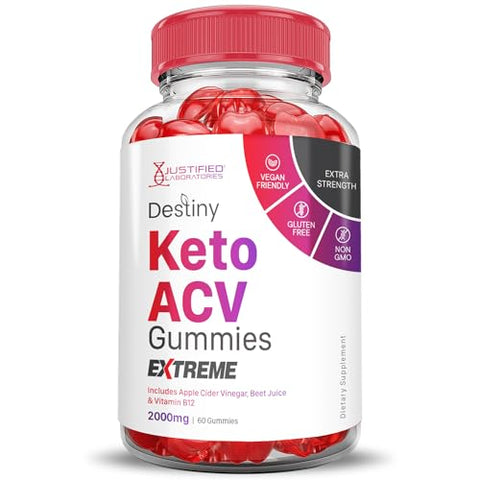 Justified Laboratories - Destiny Keto Gummies Extreme 2000MG – Fórmula Avançada de Gomas de Vinagre de Maçã com Romã e Beterraba em Pó B12 Vegan Non GMO 60 Gummys