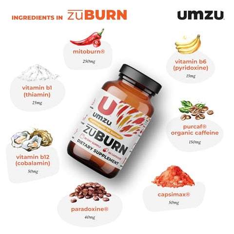 ZuBurn: Queimador de Gordura Termogênico para uma Composição Corporal Saudável | Ingredientes Naturais para Apoiar o Metabolismo, Aumentar a Queima de Calorias - UMZU