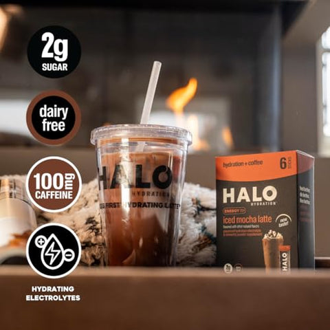 HALO Sport - HALO Iced Mocha Latte – Pó de Bebida Energética – Mistura de Café Saudável para Hidratação com Eletrólitos, Cafeína, Vitaminas e Minerais – 20 Calorias – Keto e Baixa Caloria – 1 x 12
