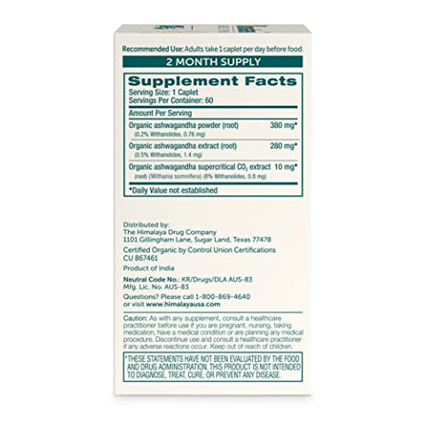 Ashwagandha Orgânico, 60 Dias de Fornecimento, Suplemento Herbal para Alívio do Estresse, Suporte Energético, Insônia Ocasional, Orgânico, Não-OGM, Vegano, Sem Glúten, 670 mg, 60 Cápsulas - Himalaya