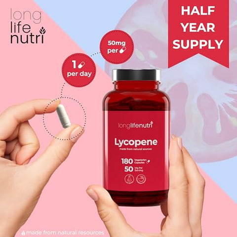 LongLifeNutri - Lycopene 50mg 180 Cápsulas Vegetarianas | Suplemento Saúde | Extrato Natural de Tomate Não-OGM | Pó Puro