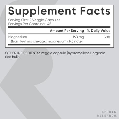 Magnesium Glycinate – Suporte para um sono tranquilo – 100% natural – 120 cápsulas – Marca líder em qualidade - Sports Research