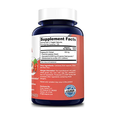 Extrato de Guaraná 6000mg 200 Cápsulas Vegetais (Sem OGM, Sem Glúten) - NusaPure