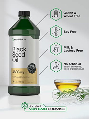 Óleo de Semente Preta Líquido 473ml | 4600mg | Suplemento de Nigella Sativa Prensado a Frio | Vegetariano, Não-OGM, Sem Glúten, Fórmula Livre de Solventes - Horbäach