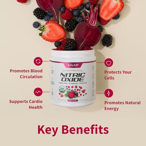 Beet Root Powder Orgânico USDA, Suplemento 3 em 1 Óxido Nítrico, Suporte para Pressão Arterial e Circulação Sanguínea Saudáveis, 250g (Mixed Berry) - Snap Supplements