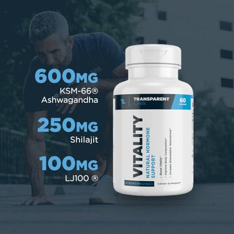 Transparent Labs - Vitality Testosterone Booster – Suplemento de Testosterona para Homens com Ashwagandha KSM 66 e Extrato de Shilajit PrimaVie