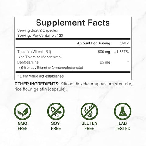 DEAL SUPPLEMENT - Vitamina B1 500mg com Benfotiamina, 240 Cápsulas – Fórmula 2 em 1 Aprimorada – Queima de Gordura