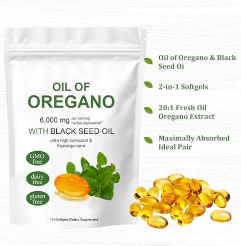 podafu - Óleo de Orégano Softgels 2 em 1, Cápsulas de Óleo de Orégano Orgânico, 6000 mg de Óleo de Orégano e 200 mg de Óleo de Semente de Nigela, Não-OGM