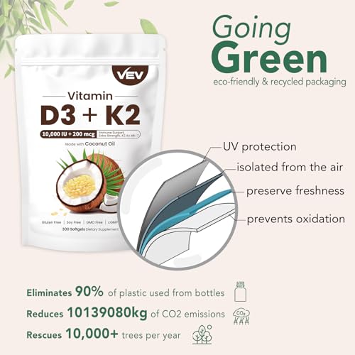 Vitamina D3 Con K2 10000 UI, 300 Softgels de Óleo de Coco Virgem | Vitaminas D 2 em 1 - VEV
