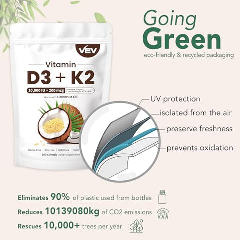 Vitamina D3 Con K2 10000 UI, 300 Softgels de Óleo de Coco Virgem | Vitaminas D 2 em 1 - VEV