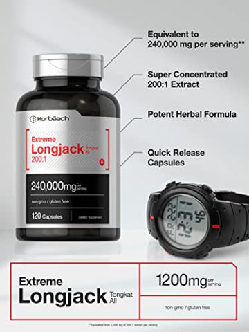 Longjack Tongkat Ali | 240.000 mg (Extrato Potente 200:1) | 120 Cápsulas | Suplemento para Desempenho Masculino Extremo | Fórmula de Extrato Herbal Super Concentrado | Não-OGM - Horbäach