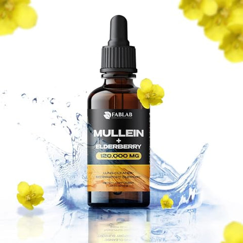 FabLab - Extrato de Folha de Mullein com Sabugueiro 118 ml – Fabricado nos EUA – Gotas para Melhorar os Pulmões – Tintura de Mullein para Desintoxicação Pulmonar – Limpeza Brônquica para Fumantes – Herbal Respiratório