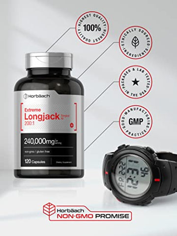 Longjack Tongkat Ali | 240.000 mg (Extrato Potente 200:1) | 120 Cápsulas | Suplemento para Desempenho Masculino Extremo | Fórmula de Extrato Herbal Super Concentrado | Não-OGM - Horbäach