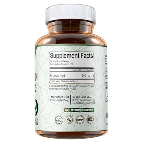 Ácido R-Lipoico 300MG, 120 Cápsulas Veganas – Suporte à Energia Celular e Proteção Antioxidante – Livre de Glúten, Não-OGM, Suplemento de R-ALA Estabilizado – Fornecimento de 4 Meses - Vegan Labs