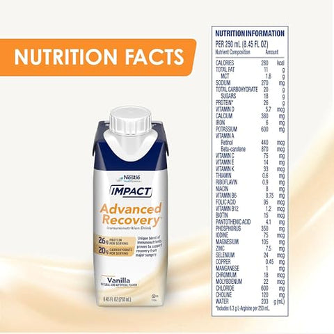 Impact - IMPACT Advanced Recovery Bebida de Baunilha, Nutrição PRÉ e PÓS Cirurgia (280 Calorias, 26g Proteína) 250ml, Pacote com 10
