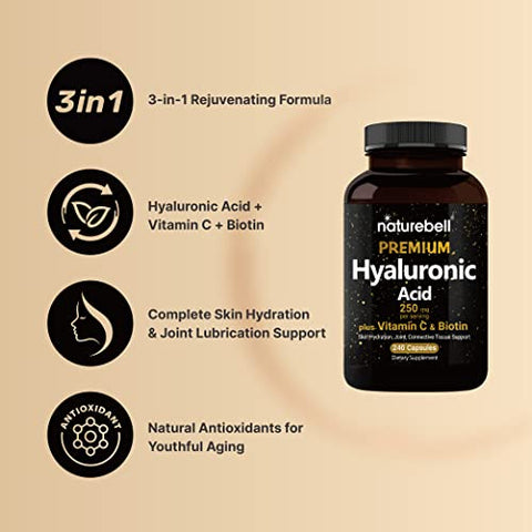 Suplementos de Ácido Hialurônico à Base de Plantas 250mg com Vitamina C 25mg – Embalagem Dupla  NatureBell - NatureBell