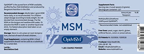 KALA HEALTH - OptiMSM – Pó de Suplemento de Metilsulfonilmetano MSM Puro – Orgânico, Sem Glúten, Não-OGM – Cristais/Pó de Enxofre Opti MSM para Crianças e Adultos – 100% Natural