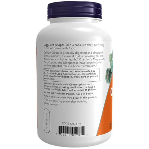 Suplementos, Citrato de Cálcio com Vitamina D, Magnésio, Zinco, Cobre e Manganês, 240 Cápsulas Vegetais - NOW Foods