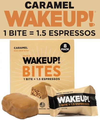 Jesse's WakeUP! - WAKE UP! Bites de Proteína Caramelada Cafeinada – Sem Glúten, Vegetariano, 175mg de Cafeína (1 Bite = 1,5 Espressos) – Aumenta o Foco e a Clareza – Ingredientes Kosher – 8 Pacotes