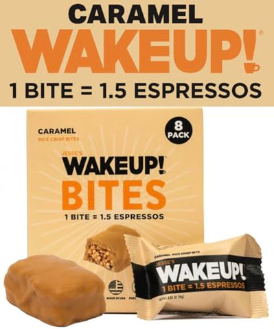 Jesse's WakeUP! - WAKE UP! Bites de Proteína Caramelada Cafeinada – Sem Glúten, Vegetariano, 175mg de Cafeína (1 Bite = 1,5 Espressos) – Aumenta o Foco e a Clareza – Ingredientes Kosher – 8 Pacotes