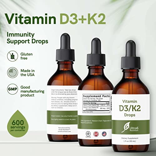 Ultra6 Nutrition - Gotas de Vitamina D e K2 – Vitamina D3 Líquida com Suplementos de K2 para Adultos e Crianças – Suplemento de Vitaminas D3/K2 para Absorção Suprema e Ossos Saudáveis – Fabricado nos EUA