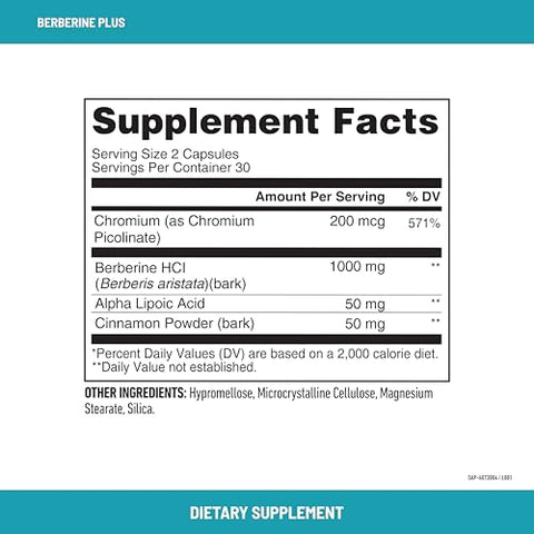 Berberine Plus Capsules – Suplemento de Berberina com Picolinato de Cromo, Ácido Alfa Lipóico e Casca de Canela – 60 Cápsulas, 30 Porções - SlimFast