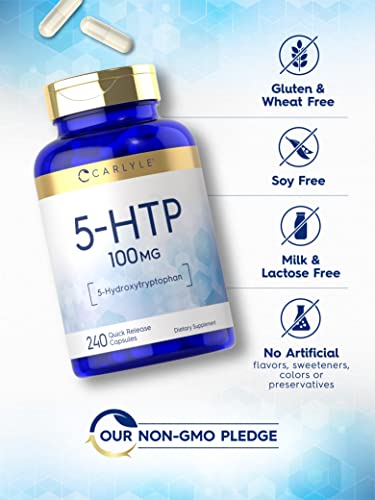5HTP | 100mg | 240 Cápsulas | 5 Hidroxitriptofano | Não-OGM | Comprimidos de 5-HTP de alta potência - Carlyle