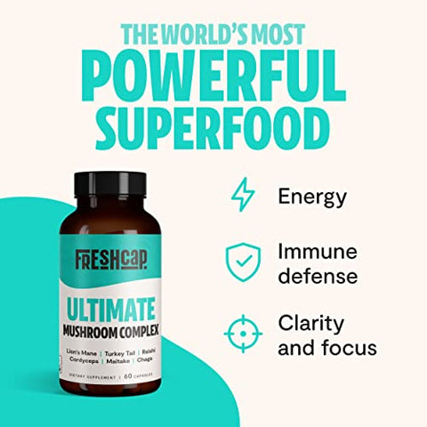 FreshCap Mushrooms - FreshCap Ultimate Mushroom Complex – Ayurveda Lions Mane, Reishi, Cordyceps, Chaga, Turkey Tail, Maitake – Suporte Imunológico, Suplemento Cerebral Nootrópico para Imunidade, Energia – Marca FreshCap