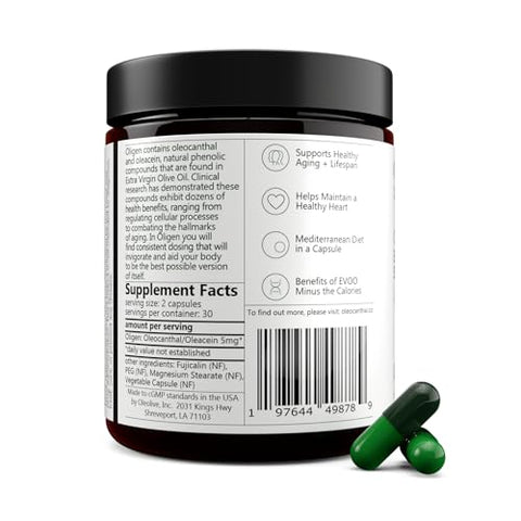 Suplemento Patenteado de Oleocanthal Rico em Polifenóis do Azeite Extra Virgem para Saúde Cerebral, Cardíaca, Longevidade e Regulação Celular – 60ct - Oligen
