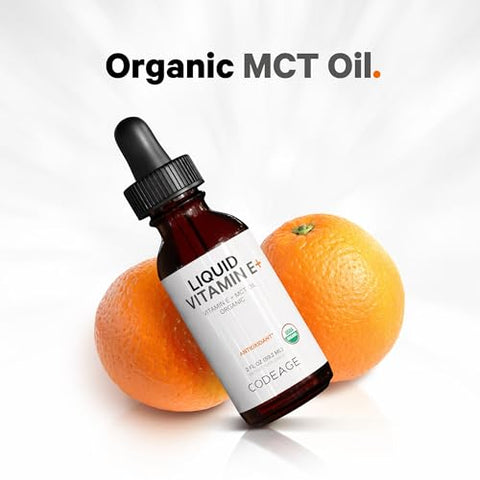 Vitamina E Líquida Orgânica Certificada pelo USDA – Suprimento de 2 Meses – Acetato de D-Alpha Tocoferol, Óleo de TCM Orgânico, Óleo de Laranja Orgânico, Sem Sabor, Não-OGM – 60ml - Codeage