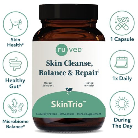 R-U VED - Ruved SkinTrio: Suplemento Ayurvédico para Pele Clara, Calma e Radiante, Suporte para Desintoxicação e Digestão com Neem, 60 Cápsulas Vegetarianas