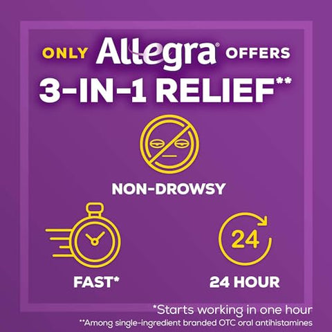 24HR – Comprimidos Antialérgicos para Adultos, 100 Unidades, Alívio de Alergias por 24 Horas, 180 mg - Allegra