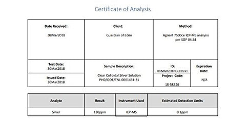 Guardian Of Eden - Colloidal Silver GOE 120ppm Certificado Puro (1 Galão) com Frasco Conta-Gotas Grátis – Relatório de Laboratório nas Imagens
