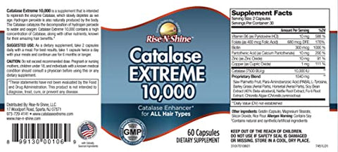 Rise-N-Shine - Catalase Extreme 10,000 – Suplemento com Saw Palmetto, Biotina, Fo-Ti, PABA – Suplementos para Fortalecimento Capilar – 180 Cápsulas – Pack com 3 (Fornecimento de 90 Dias)