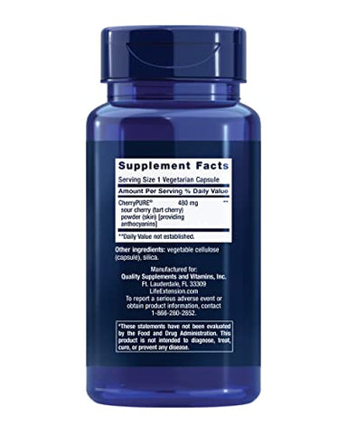 Tart Cherry com CherryPURE® – Antocianinas, Estresse Oxidativo, Recuperação Muscular, Suporte ao Exercício, Conforto Muscular – 60 Cápsulas Vegetarianas, Livre de Glúten, Não-OGM - Life Extension