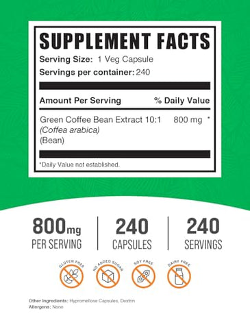 com Extrato de Café Verde em Cápsulas – Suplemento de Café Verde, 8000mg de Café Verde – Sem Glúten, 1 Cápsula por Porção, 240 Cápsulas Vegetais (Pacote de 1) - BulkSupplements