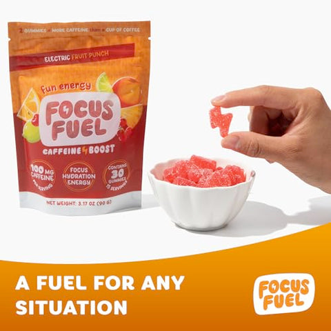 FocusFuel - Focus Energy Gummies – Chews Energéticos, 100mg de Cafeína por 2 Gummies, Com B12, Magnésio, Eletrólitos, Ingredientes Naturais (Fruit Punch – 30 Chews, 90g)