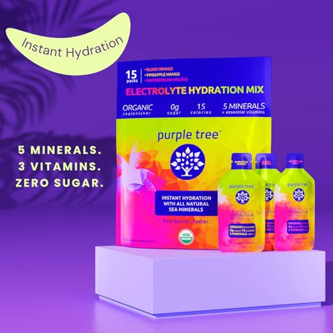 purple tree - Pacotes de Hidratação Orgânica de Eletrólitos Roxos, Zero Açúcar, Sais Marinhos, Pacotes Diários de Hidratação IV para Alívio Rápido da Desidratação – Mistura para Bebida à Base de Água, Pacote Variado, 15 Unidades
