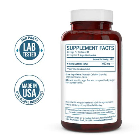 Truevantage Nutrition - Suplemento NAC (N-Acetil Cisteína) – 1000 mg – Suporte Antioxidante – Promove Saúde do Fígado e Desintoxicação – Fortalece Saúde Pulmonar e Imunológica – Cápsulas Vegetais – 120 Unidades – 60 g