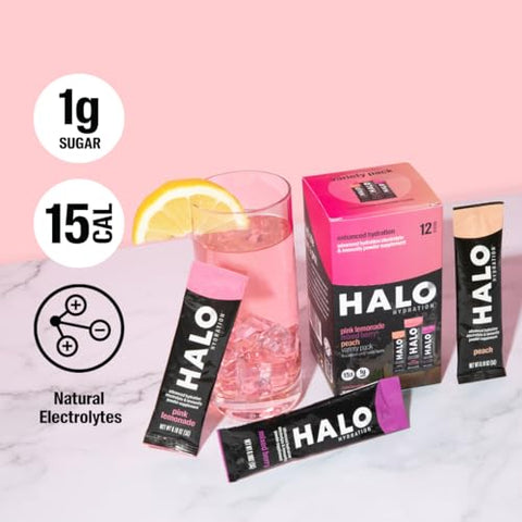 HALO Sport - HALO Hydration – Mistura de Bebida Eletrolítica | Sachês de Pó para Hidratação | Pack Variado (Limão Rosa, Pêssego, Frutas Vermelhas) – Para Esportes e Ciclismo | Embalagem Individual de Fácil Abertura | 12 Sachês